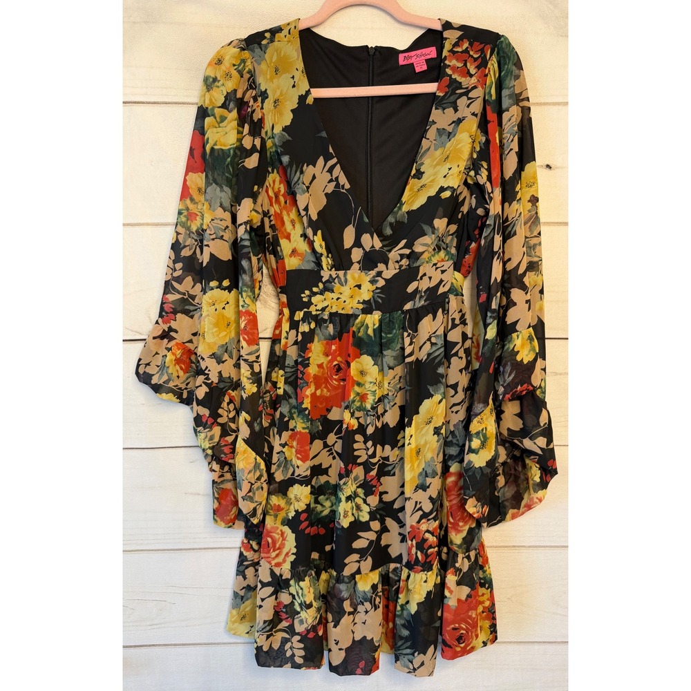 Betsey Johnson Floral V-Neck Mini Dress Bell Sleeve Ruffle Black Multi Size 10